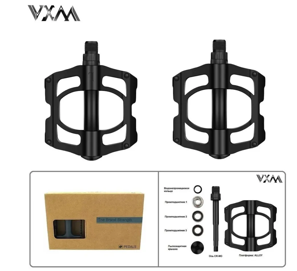 Педали VXM алюминиевые, платформенные, 9/16", 110x95 мм, с шипами, ось Cr-Mo, 3 промподшипника